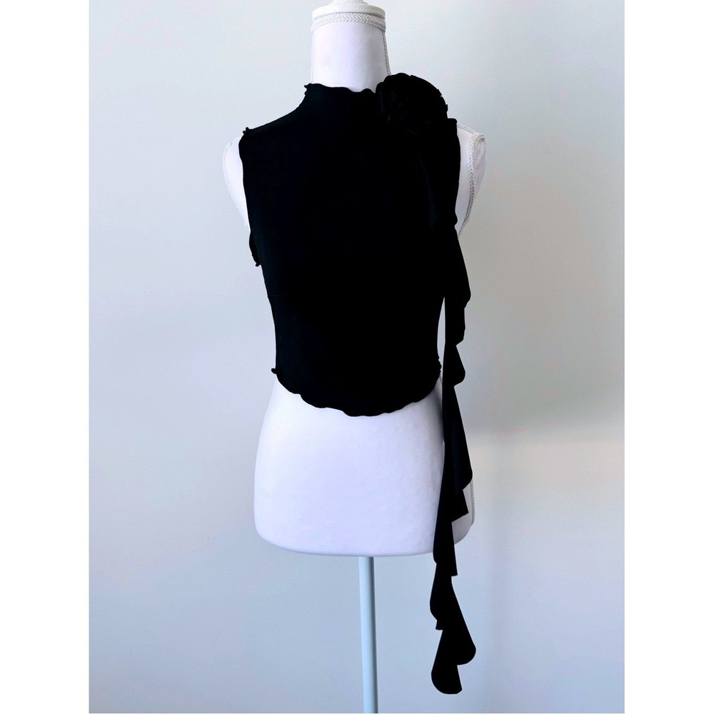 Y2K Top Rosette Ruffle Women Sz S Black 3D Floral Mock Neck Top